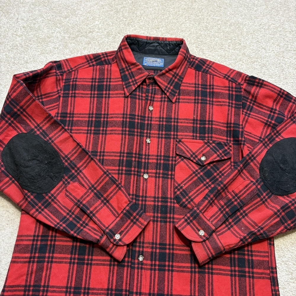 Vtg Pendleton Shirt Mens Large Red Plaid Wool Flannel Elbow Patch USA 70s 80s